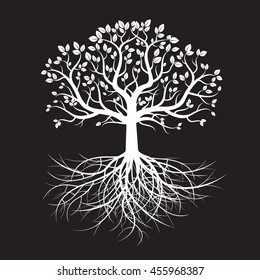 White Old Tree and Roots. Vector Illustration.