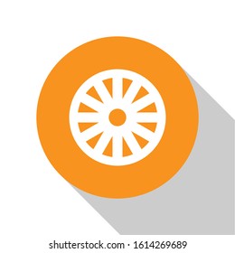 White Old wooden wheel icon isolated on white background. Orange circle button. Vector Illustration