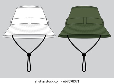 White and olive green bucket hat with cord and stopper toggle template vector.Front and back view