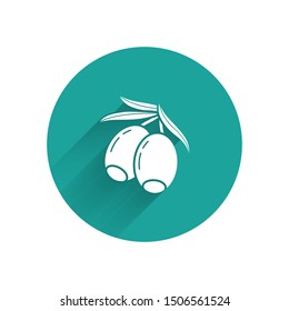 White Olives branch icon isolated with long shadow. Green circle button. Vector Illustration