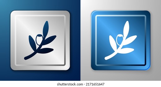 White Olives branch icon isolated on blue and grey background. Silver and blue square button. Vector