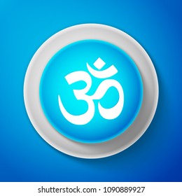 White Om or Aum Indian sacred sound icon isolated on blue background. Symbol of Buddhism and Hinduism religions. Original mantra. The symbol of the divine triad of Brahma, Vishnu and Shiva. Vector