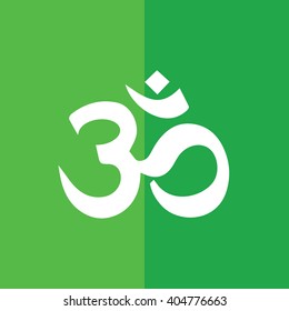 White Om symbol of Hinduism vector icon. Green background