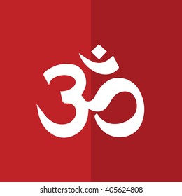 White Om symbol of Hinduism vector icon. Red background