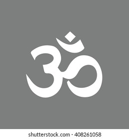 White Om symbol of Hinduism vector icon. Gray background