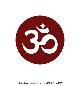 White Om symbol of Hinduism vector icon. Red circle. Red button