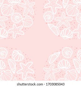 White on baby pink seashells corners. Childish summer vector frame for childen decoration