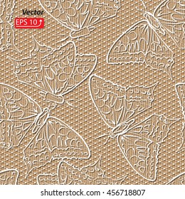 White on beige butterfly lace design background, ornamental lacy band Abstract Ribbon Seamless Pattern. Template frame Doily. border vector illustration