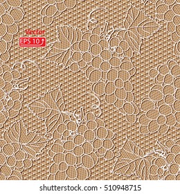 White on beige grape lace design background, ornamental band Abstract Lace Ribbon Seamless Pattern. Template frame Lace Doily. Floral background border vector illustration