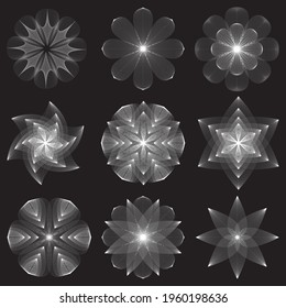 White on black background Flowers. Set of geometric design elements. Vector illustration