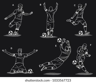 It's a white on black background vector illustration set of isolated soccer players in different athletic positions