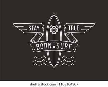 It's a white on black background vector illustration depicting a surfboard with an eye at the center and a costume badge
