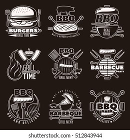 White on black barbecue isolated emblems set with barbecue grill and frying pan with food symbols vector illustration