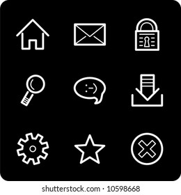 White on black basic icons set. Vector.