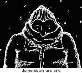 White on black cartoon of female in scarf and winter coat