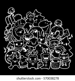 White on black, chalk on a blackboard. Winter doodles. For adult anti stress coloring book. black-and-white doodles hand-drawn contour on a black background for children coloring