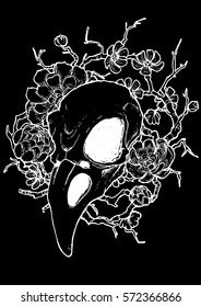 White on black, chalk on a blackboard. Skull birds flowers and branches hand-drawn contour on a black background