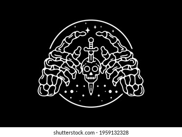 White on black color of skeleton hand with head and sword illustration design