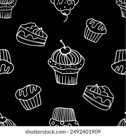 Blanco sobre negro cupcakes garabatos repiten patrón, un fondo sin fisuras estilo pizarra con magdalenas dibujadas a mano