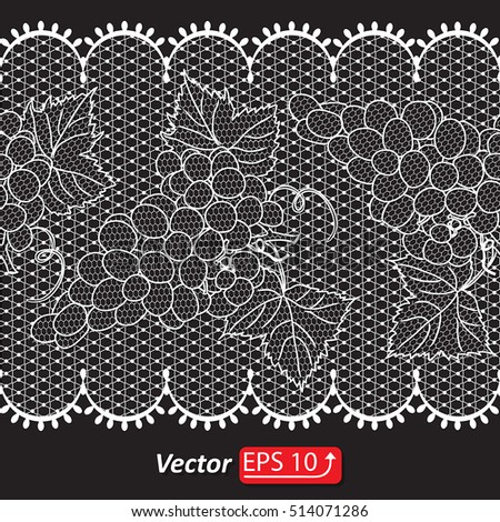 White on black grape lace design background, ornamental lacy band Abstract Ribbon Seamless Pattern. Template frame Doily. border vector illustration