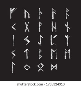 White on black Isolated Vector Runes set. Elder Futhark — runic alphabet. Ancient German and Scandinavian writing. Mystical symbols for fortune telling, game design elements, illustration