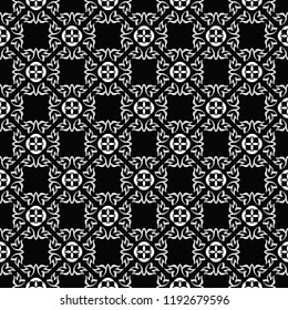 White on Black Leaf Circles Vector Pattern. Hand Drawn Seamless Decorative Patchwork Graphic for Packaging, Modern Fashion Prints, Stationary, Paper Goods or Trendy Wrap. Monochrome All Over Backdrop