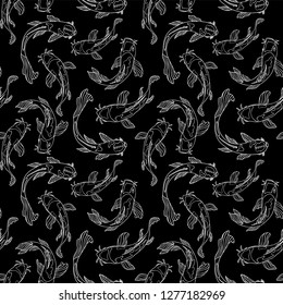 White on black line art swimming Japanese Koi fish. Seamless vector pattern background. Great for fabric, home decor, stationery, fashion accessories.