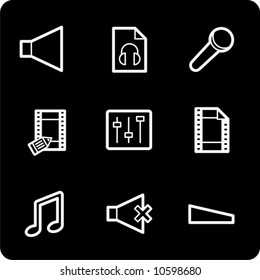 White on black multimedia icons set. Vector.