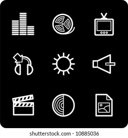White on black multimedia icons set. Vector.