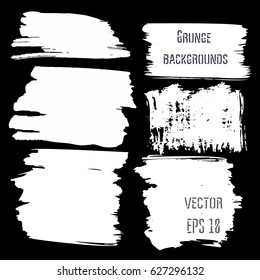 White on black set of vector grunge backgrounds. Hand painted black ink brush strokes, brushes, and lines. Dirty grunge artistic design elements. Backgrounds for text.
