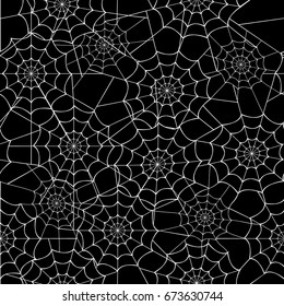 White on black spider webs, seamless tile vector texture pattern, Halloween cartoon