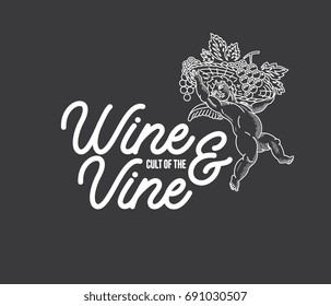 White on black vector illustration of an angel with grapes