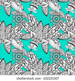 White on blue background. Decorative symmetry arabesque. Good for greeting card for birthday, invitation or banner. Seamless medieval floral royal pattern. Vector illustration.