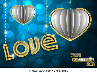 White on a blue background with gold hearts