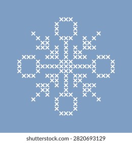 white on blue delicate cross stitch embroidery snowflake vector illustration, whimsical winter weather symbol with adjustable stitch line thickness, elegant needlecraft icon for sweet baby scrapbook