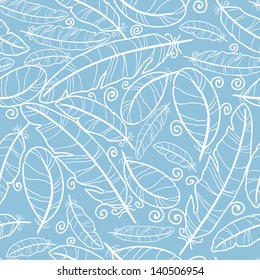 White on blue feathers seamless pattern background