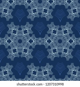 White on Blue Snowflake Texture Seamless Vector Pattern. Drawn Starry Snow llustration for Winter Fashion Prints, Christmas Packaging, Christmas Paper Goods, Nordic Wrap or Scandi Style Stationery. 