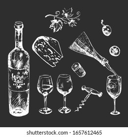 Vino blanco sobre fondo oscuro y queso. Ilustración de alcohol de mano