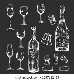 White on dark hand-drawn bottles and glasses set. Chalk wine illustration