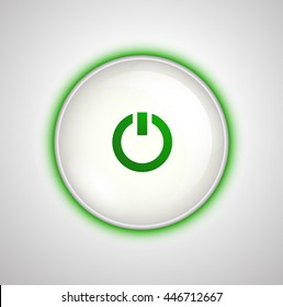 White on / off button on the unit with the green light. Glass smooth plastic button realistic vector graphic for web