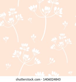 White on pink flowers. Vector seamless pattern. Hand drawn plants for modern and original textile, paper, fabric. Pastel color floral simple minimalist design. Sketch style botany illustration
