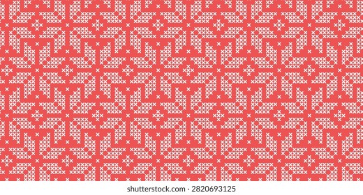 White on red monochrome cross stitch embroidery seamless pattern, classic geometric snowflakes and floral motifs with adjustable thickness, elegant winter needlecraft texture for heirloom textiles