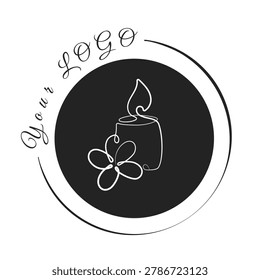 A white one line art drawing of a lit candle and a flower is centered within a black circular shape.