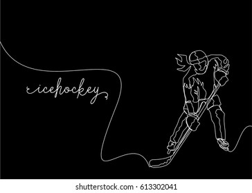 White One Line Drawing or Continuous Line Drawing of Ice hockey Player with black background
