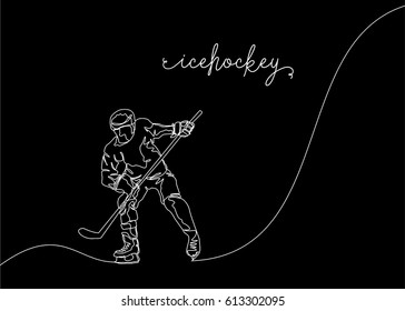 White One Line Drawing or Continuous Line Drawing of Ice hockey Player with black background
