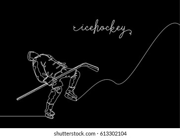 White One Line Drawing or Continuous Line Drawing of Ice hockey Player with black background
