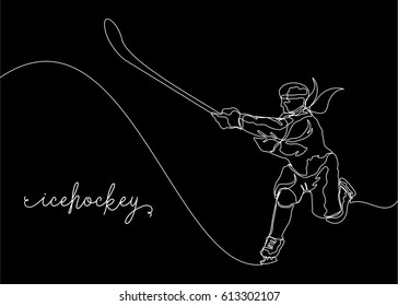 White One Line Drawing or Continuous Line Drawing of Ice hockey Player with black background
