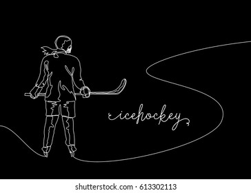 White One Line Drawing or Continuous Line Drawing of Ice hockey Player with black background
