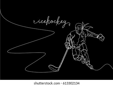 White One Line Drawing or Continuous Line Drawing of Ice hockey Player with black background
