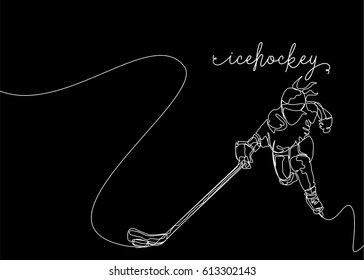 White One Line Drawing or Continuous Line Drawing of Ice hockey Player with black background
